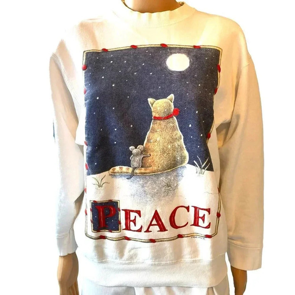 VTG Rare Laura trayer designs sweater Cat & Mouse Sitting In Peace Women Size M - Picture 1 of 9